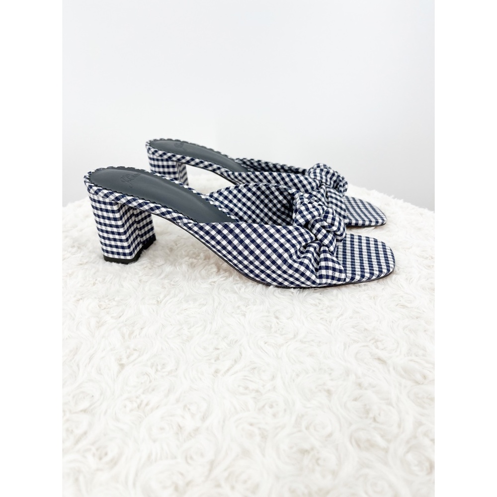J. Crew Navy and White Gingham Knot Block Heel Sandals